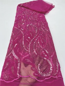 Nauji puošnūs karoliukais siuvinėti aukštos kokybės 5 jardų rankų darbo blizgučių audinys Nigerija vakarinei vakarėlio suknelei
