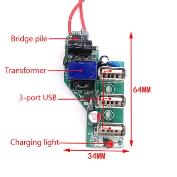 5V 2.1A 3 USB lizdo išvestis Mobiliojo telefono įkrovimo plokštė Maitinimo adapterio modulis su šviesa