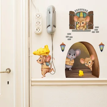 Animacinis filmas Mažos pelės skylės lango sienos lipdukas Vaikų kambarys Miegamojo dekoravimas Freska Namų dekoras Mieli gyvūnai Lipnūs tapetai