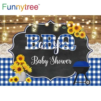 Funnytree Baby Shower Blue Boy Lattice BBQ Wood Background Lights Saulėgrąžų krepšelio renginys Naujagimio gimtadienio fotosesija Fonas