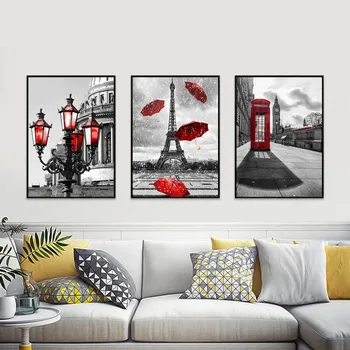 Modernus namų dekoravimo plakatas Raudonas skėtis Telefono būdelė Nespalvotas Geležinis bokštas Peizažas Drobė Tapyba Foto sienų menas