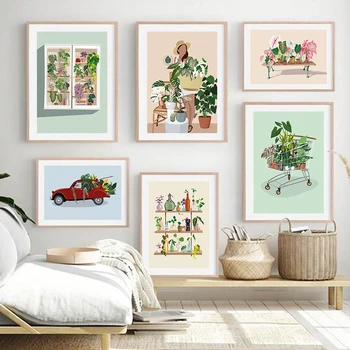 Plant Lady Dealer Šiltnamių sunkvežimis Botanikos sienų meno drobės tapyba Šiaurės šalių plakatai ir atspaudai Sieniniai paveikslėliai svetainės dekorui